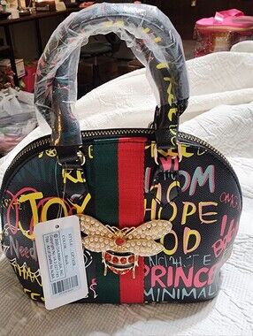 Queen Bee Black & Multi Color Graffiti Bee Faux Leather Satchel Bag (5"x8"x3")